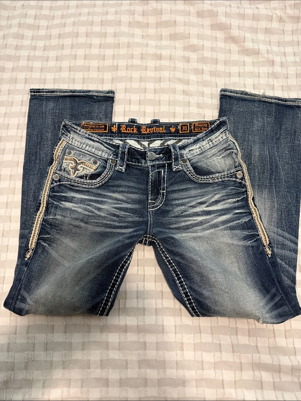 Rock Revival Dark Blue Denim Jeans with Gold Embroidered Pocket